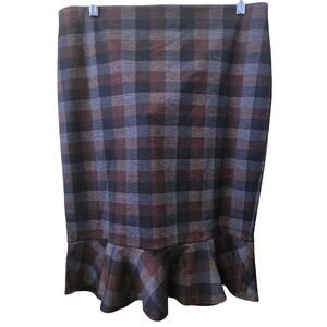 Carole Wren Large Brown/Blue/Gray Plaid/Checkered Ruffled Hem Skirt [0391]